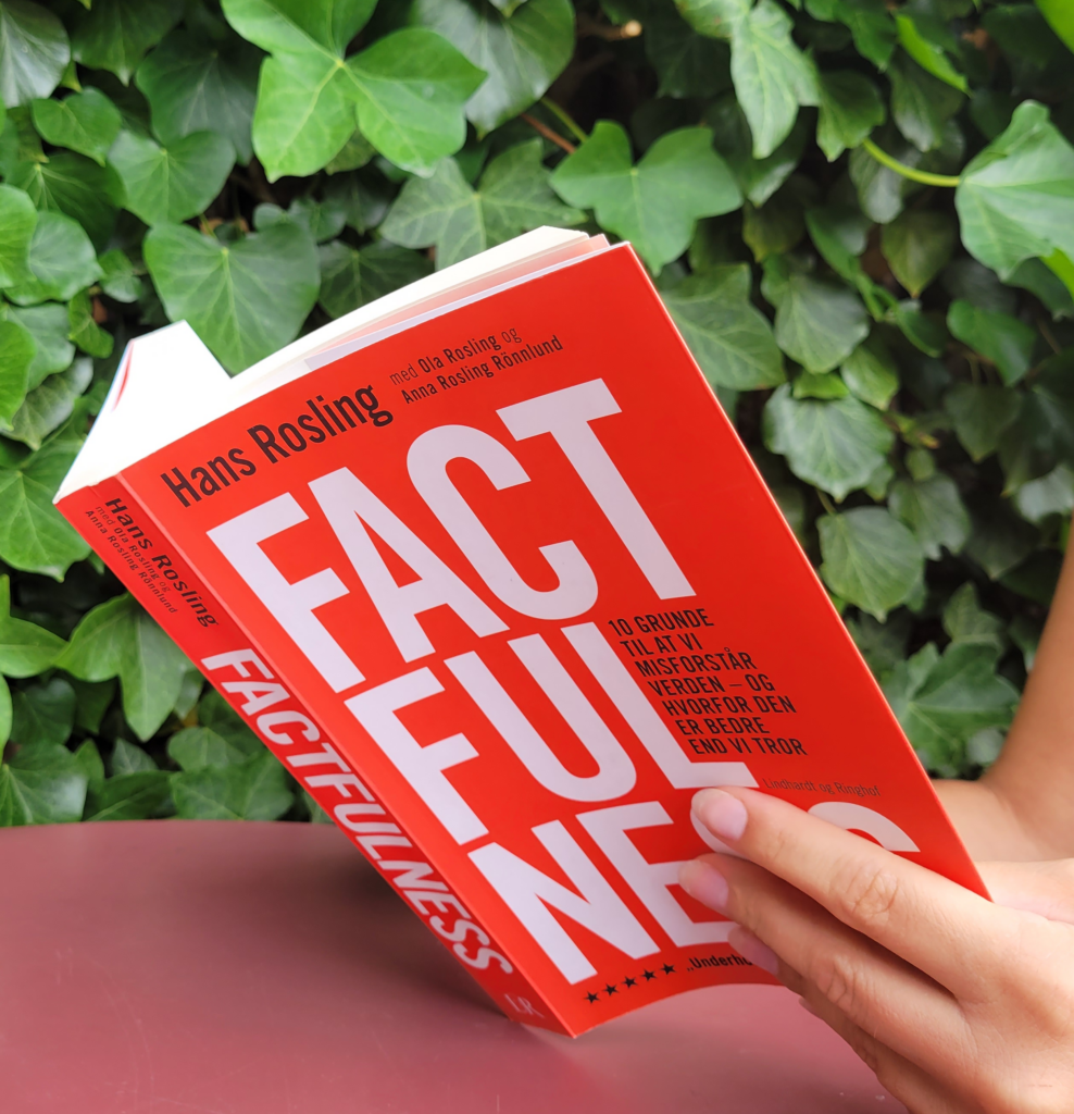 A woman reading Factfulness: Ten Reasons We're Wrong About the World – and Why Things Are Better Than You Think by Hans Rosling, Ola Rosling, Anna Rosling Rönnlund