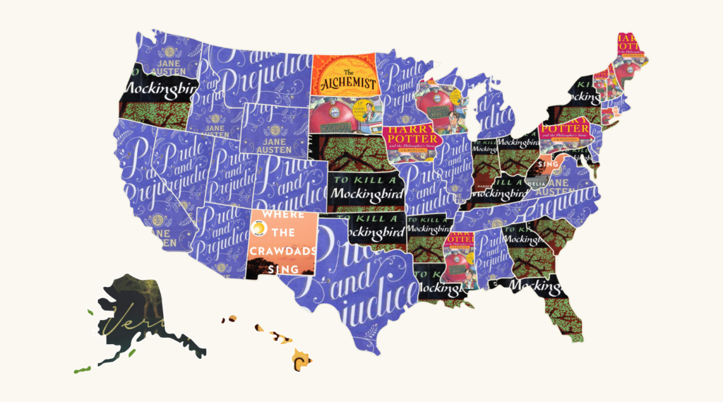 Map of each state of the USA's favorite book based on data from WordsRated.com
